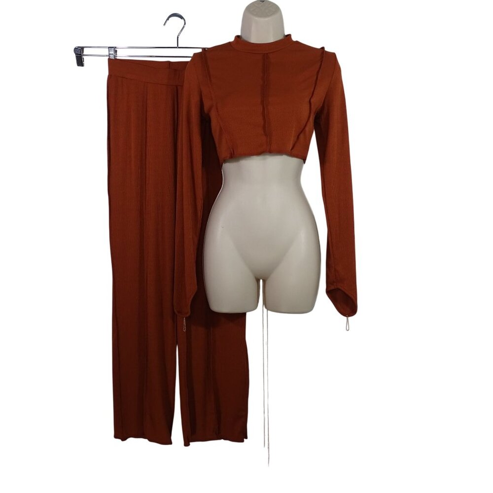 Brown 2-Piece Ribbed Long Sleeve Crop Top and Wide Leg Pants Women Size L